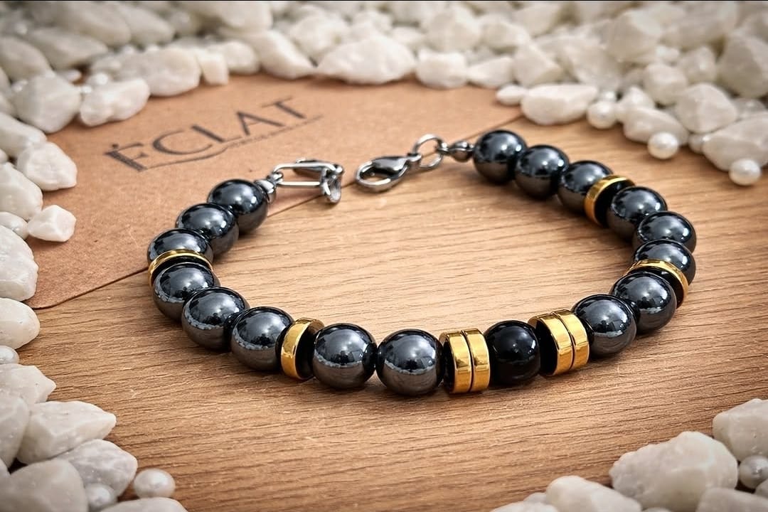 Pulseira Masculina com Hematitas e Ônix