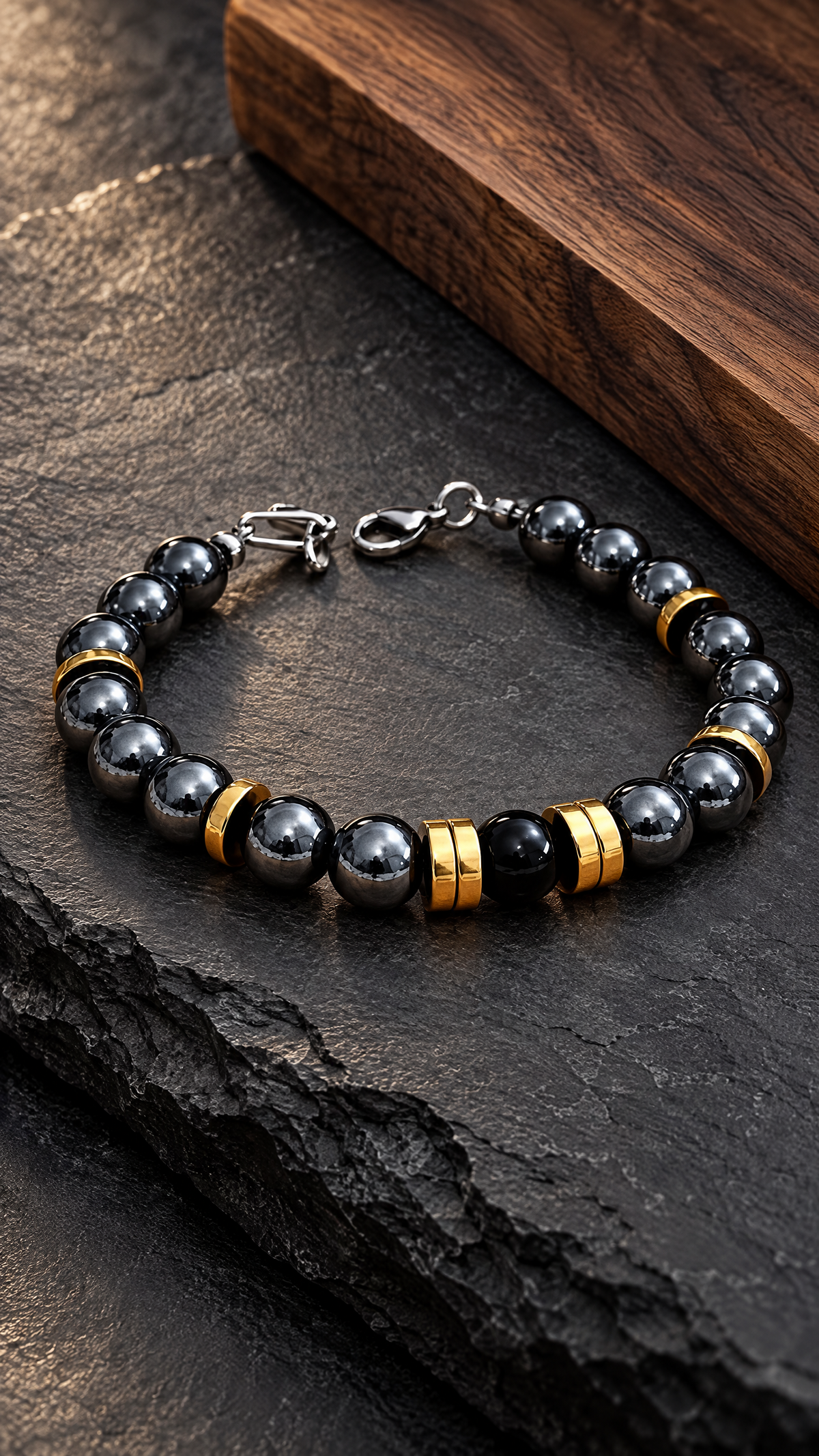 Pulseira Masculina com Hematitas e Ônix